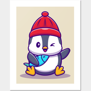 Cute Penguin With Fish Posters and Art